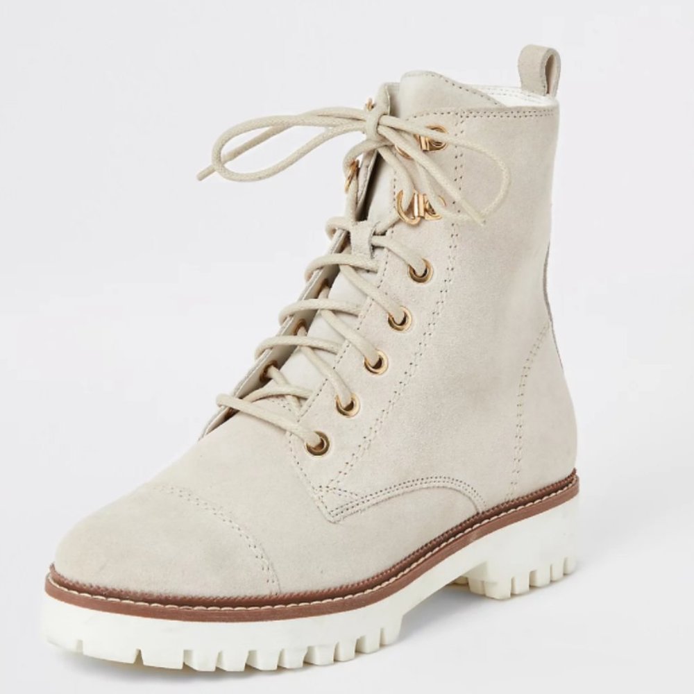 River Island White Suede Lace-Up Ankle Boots | 8